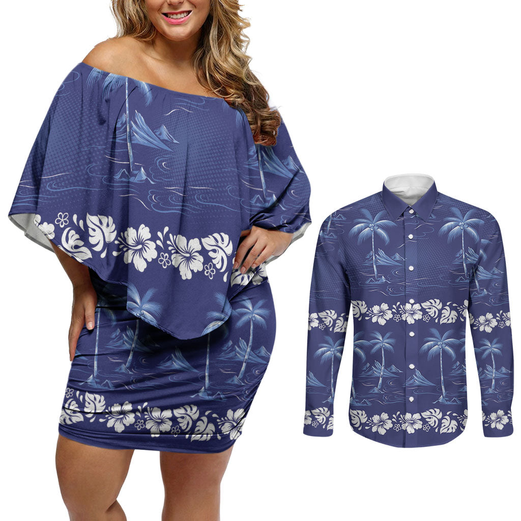 Blue Hawaii Palm Tree Hibiscus Couples Matching Off Shoulder Short Dress and Long Sleeve Button Shirt Fantasy Summer Vibe LT01 Blue - Polynesian Pride