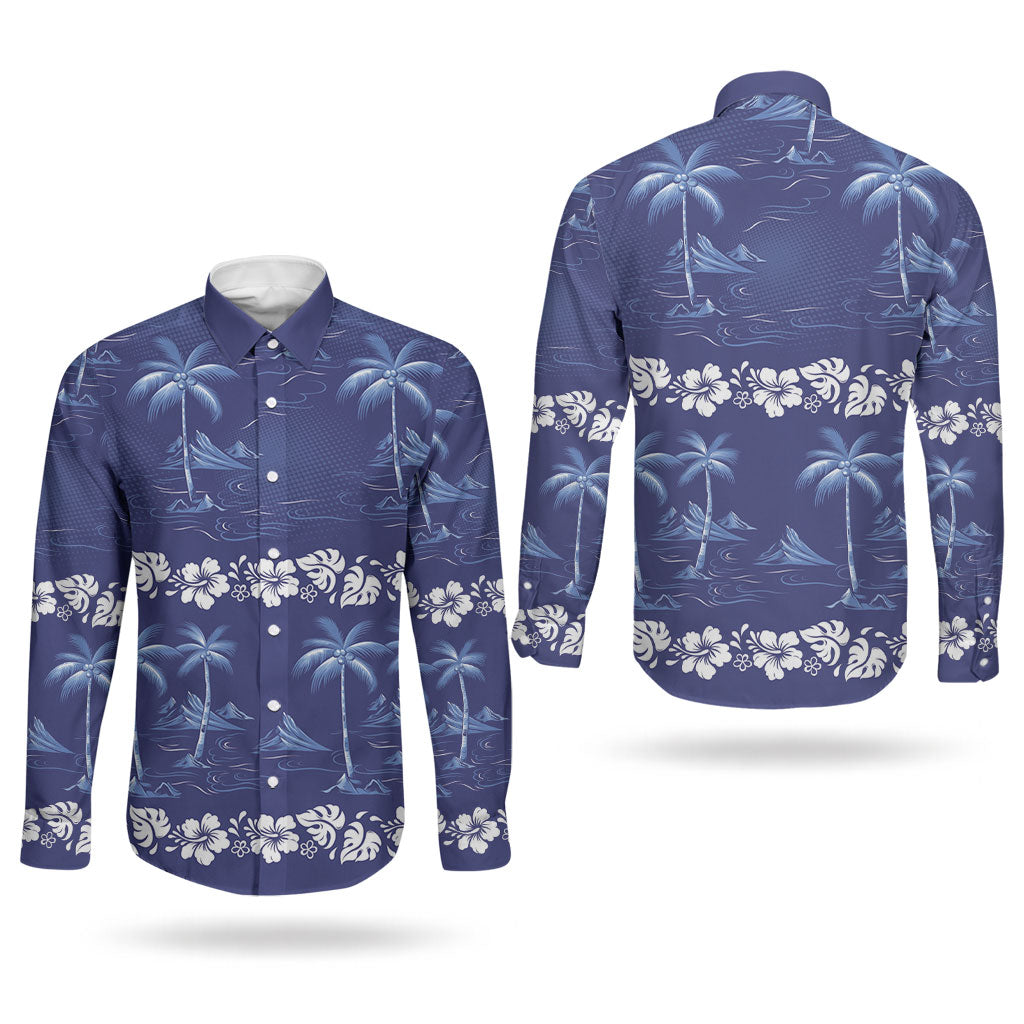 Blue Hawaii Palm Tree Hibiscus Couples Matching Off Shoulder Short Dress and Long Sleeve Button Shirt Fantasy Summer Vibe LT01 - Polynesian Pride