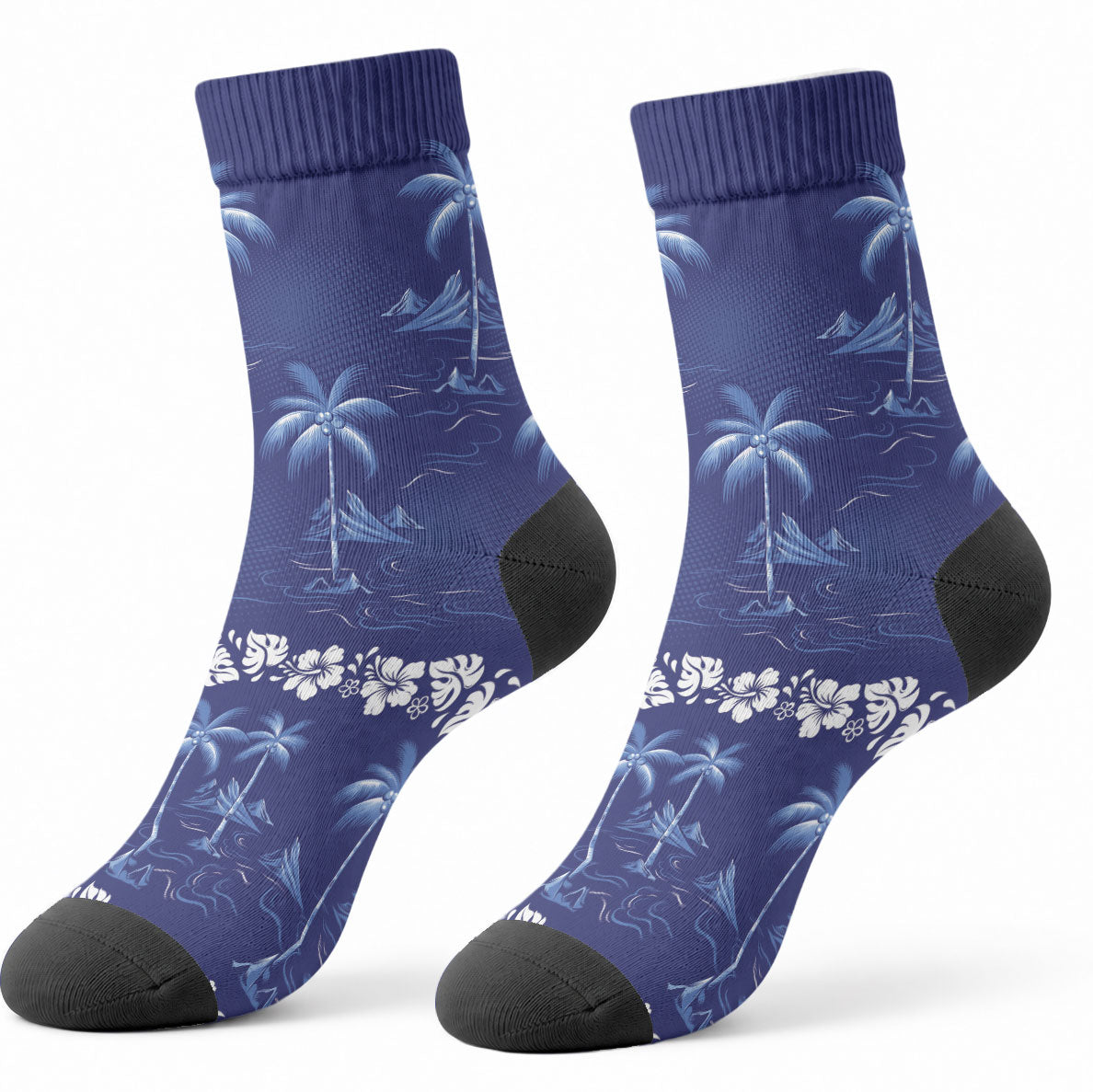 Blue Hawaii Palm Tree Hibiscus Crew Socks Fantasy Summer Vibe LT01 - Polynesian Pride