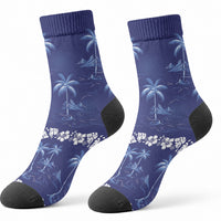 Blue Hawaii Palm Tree Hibiscus Crew Socks Fantasy Summer Vibe LT01 - Polynesian Pride