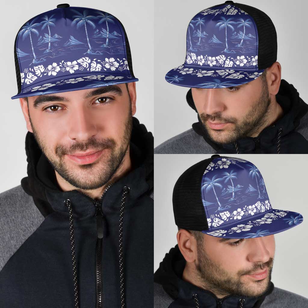 Blue Hawaii Palm Tree Hibiscus Mesh Trucker Cap Fantasy Summer Vibe LT01 - Polynesian Pride