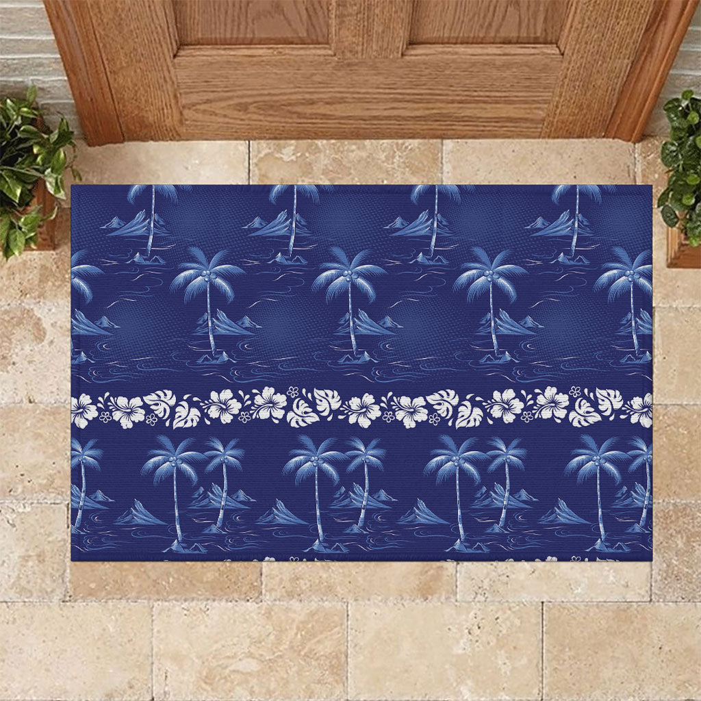Blue Hawaii Palm Tree Hibiscus Rubber Doormat Fantasy Summer Vibe LT01 Blue - Polynesian Pride