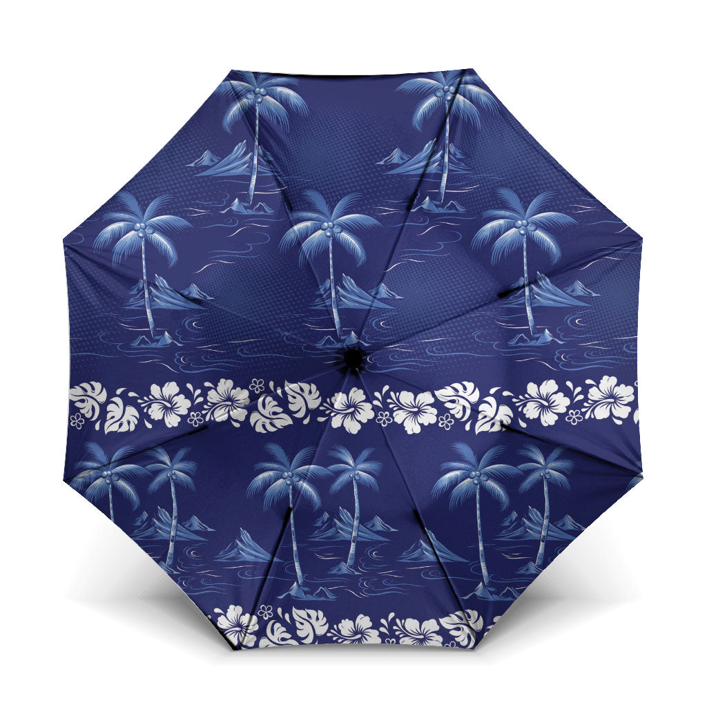 Blue Hawaii Palm Tree Hibiscus Umbrella Fantasy Summer Vibe LT01 One Size Folded 11.42 inch Opened Diameter 37.4 inch Blue - Polynesian Pride