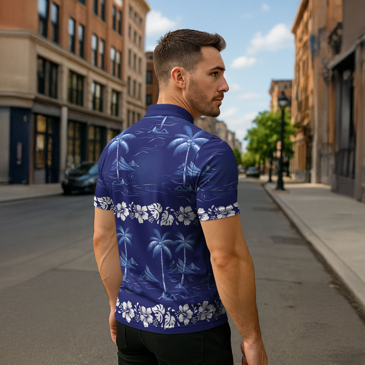 Blue Hawaii Palm Tree Hibiscus Zipper Polo Shirt Fantasy Summer Vibe LT01 - Polynesian Pride