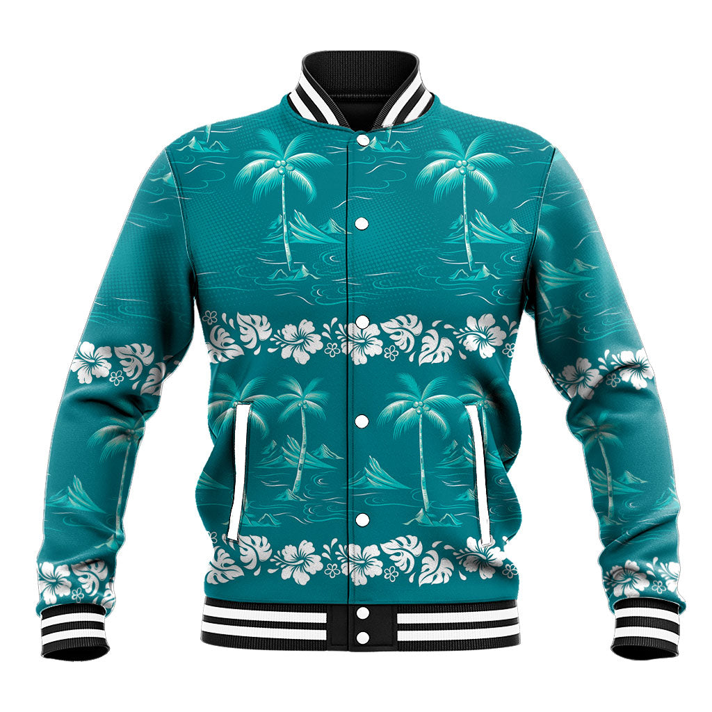 Cyan Hawaii Palm Tree Hibiscus Baseball Jacket Fantasy Summer Vibe LT01 Unisex Cyan - Polynesian Pride