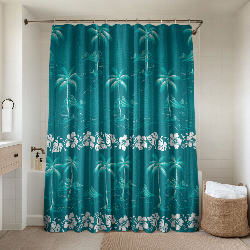 Cyan Hawaii Palm Tree Hibiscus Bathroom Set Fantasy Summer Vibe LT01 Shower Curtain Only Cyan - Polynesian Pride