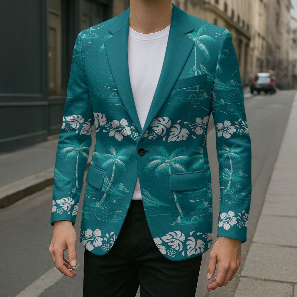 Cyan Hawaii Palm Tree Hibiscus Blazer Fantasy Summer Vibe LT01 - Polynesian Pride