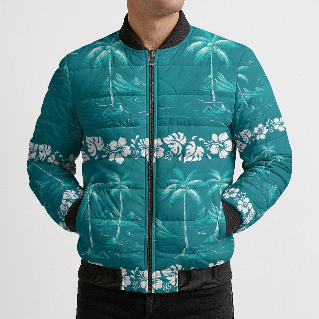 Cyan Hawaii Palm Tree Hibiscus Bomber Puffer Jacket Fantasy Summer Vibe LT01 - Polynesian Pride