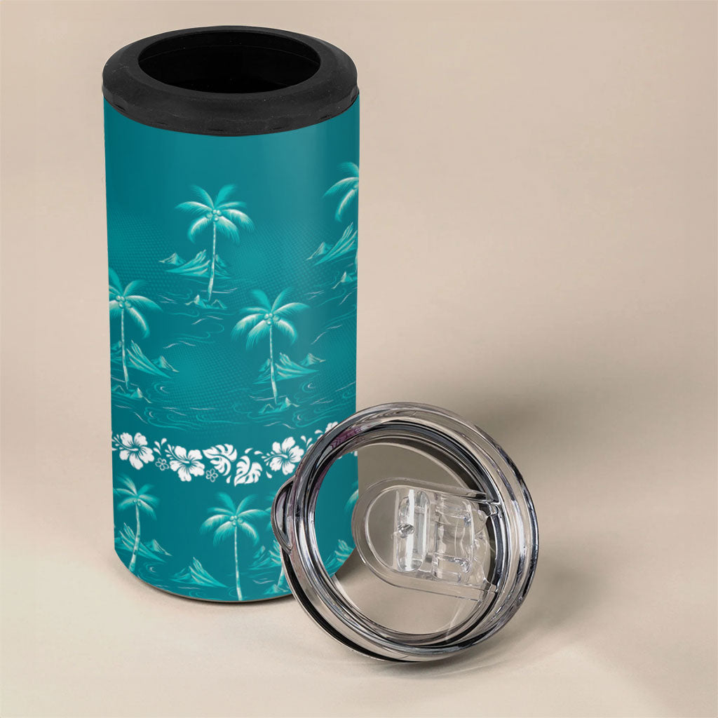 Cyan Hawaii Palm Tree Hibiscus 4 in 1 Can Cooler Tumbler Fantasy Summer Vibe LT01 - Polynesian Pride