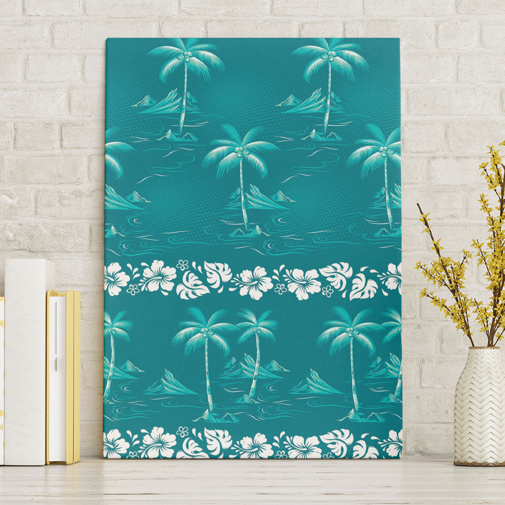 Cyan Hawaii Palm Tree Hibiscus Canvas Wall Art Fantasy Summer Vibe LT01 Without Frame Cyan - Polynesian Pride