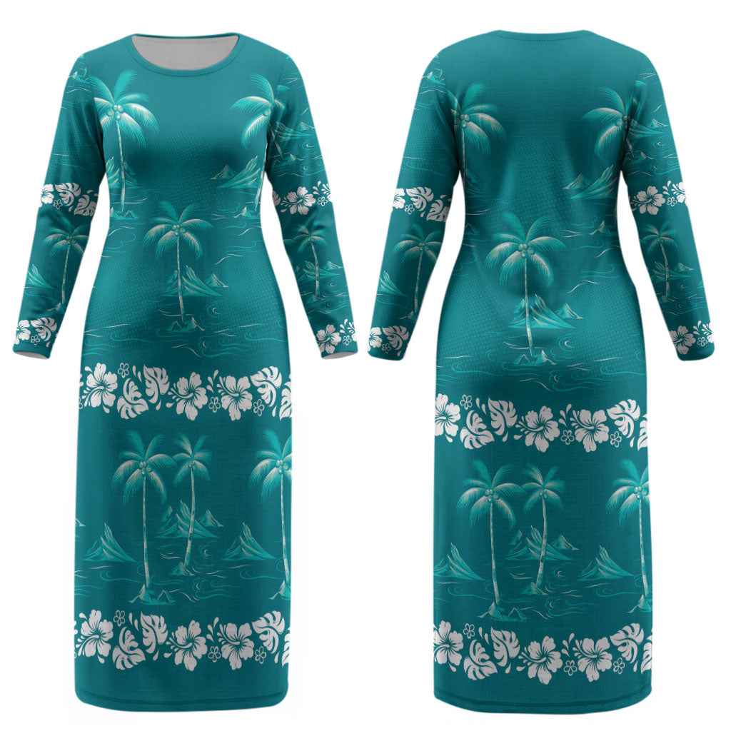 Cyan Hawaii Palm Tree Hibiscus Couples Matching Long Sleeve Bodycon Dress and Long Sleeve Button Shirt Fantasy Summer Vibe LT01 - Polynesian Pride