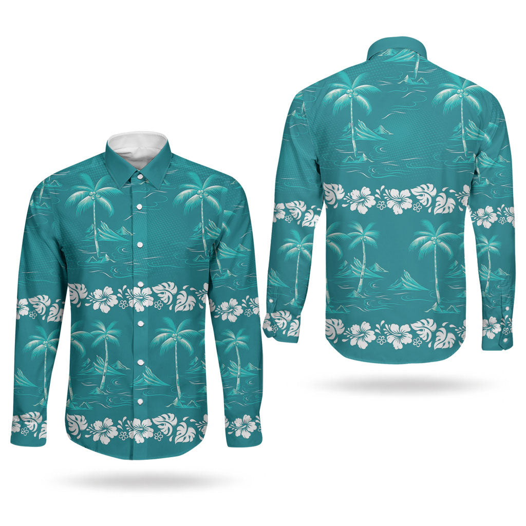 Cyan Hawaii Palm Tree Hibiscus Couples Matching Off The Shoulder Long Sleeve Dress and Long Sleeve Button Shirt Fantasy Summer Vibe LT01 - Polynesian Pride