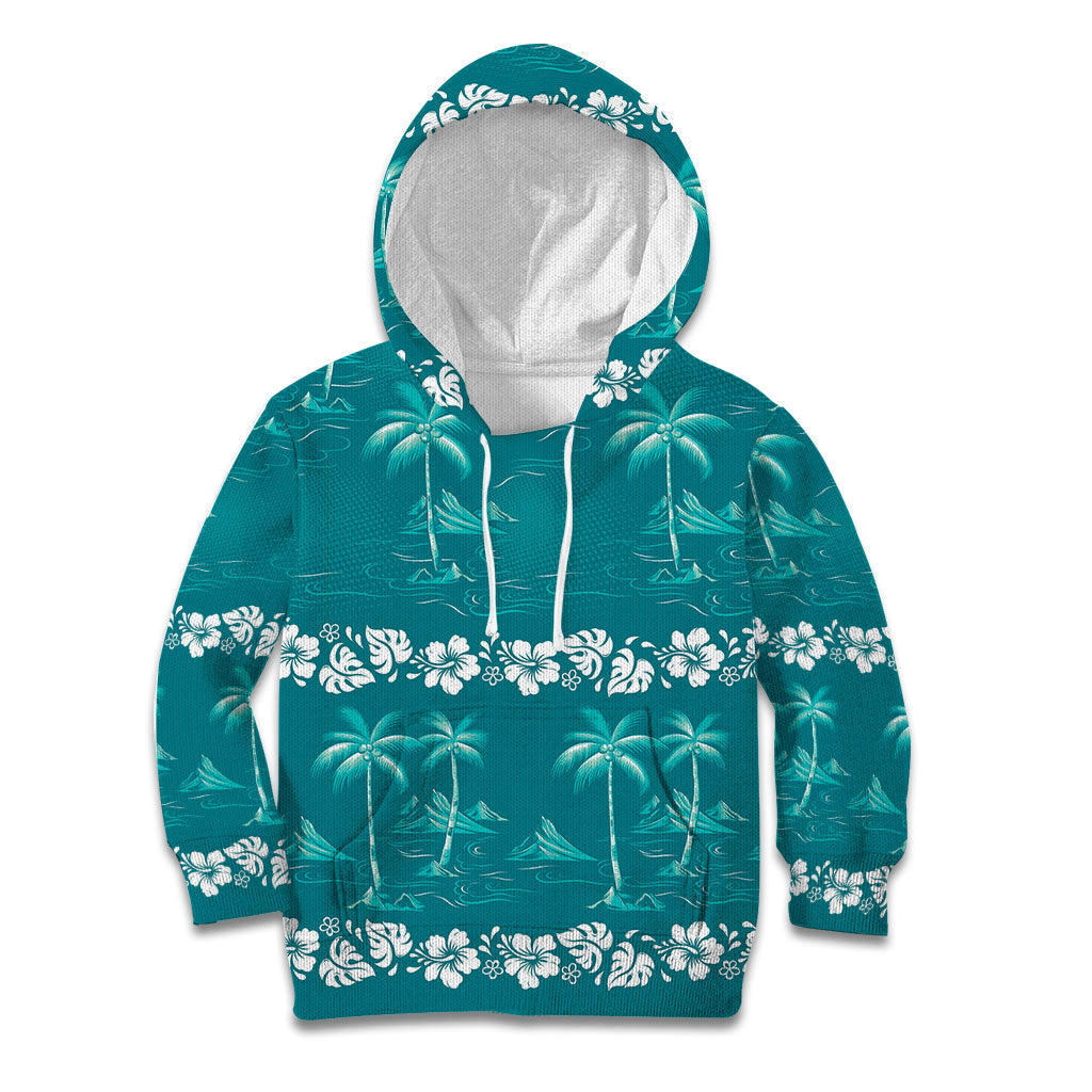 Cyan Hawaii Palm Tree Hibiscus Kid Hoodie Fantasy Summer Vibe LT01 Hoodie Cyan - Polynesian Pride