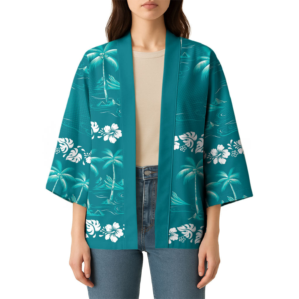 Cyan Hawaii Palm Tree Hibiscus Kimono Fantasy Summer Vibe LT01 - Polynesian Pride