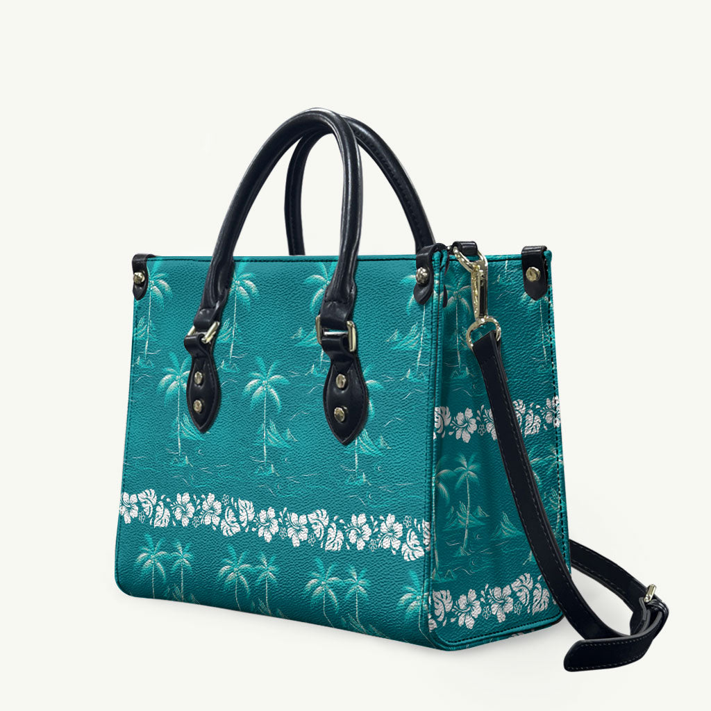 Cyan Hawaii Palm Tree Hibiscus Leather Bag Fantasy Summer Vibe LT01 Cyan - Polynesian Pride