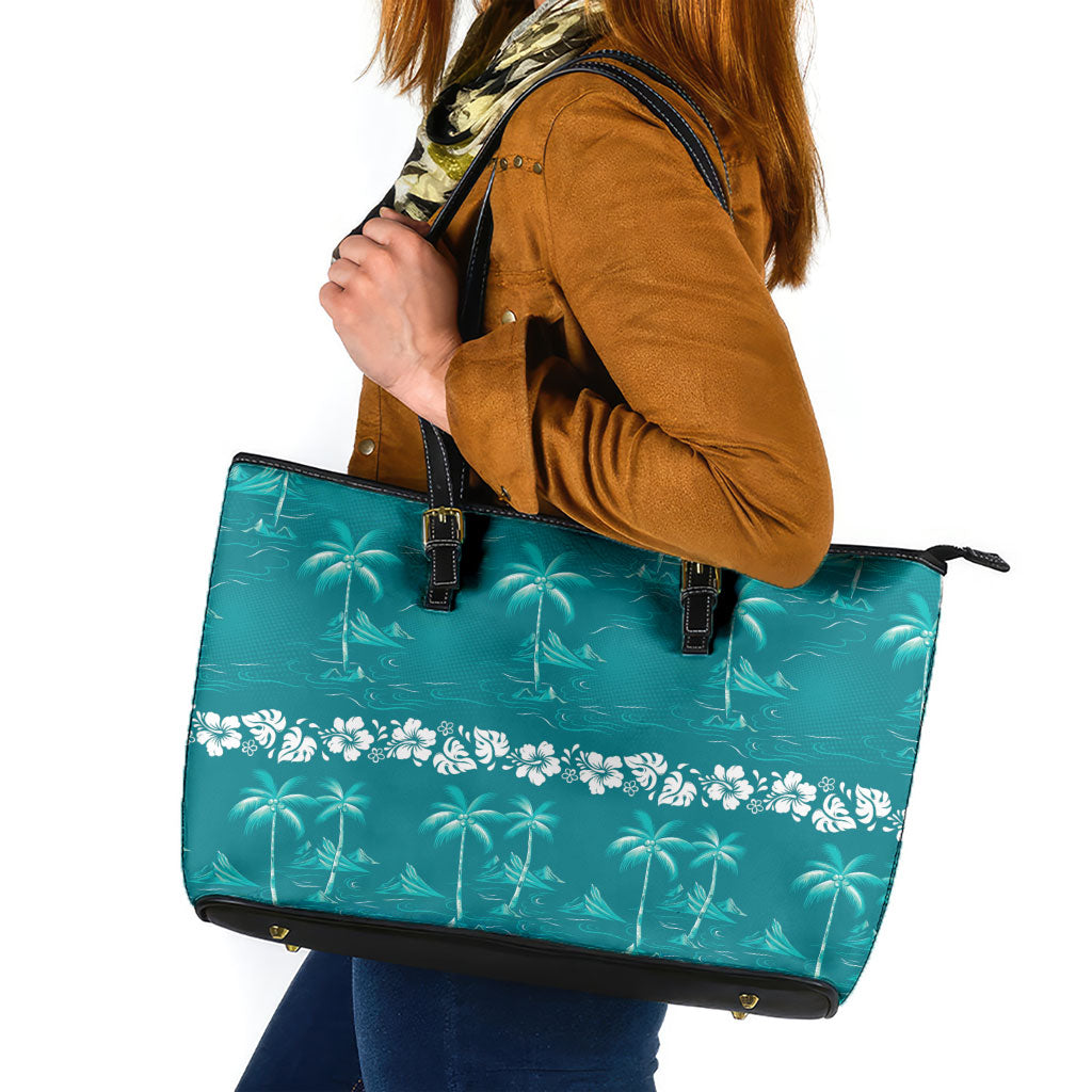 Cyan Hawaii Palm Tree Hibiscus Leather Tote Bag Fantasy Summer Vibe LT01 Cyan - Polynesian Pride