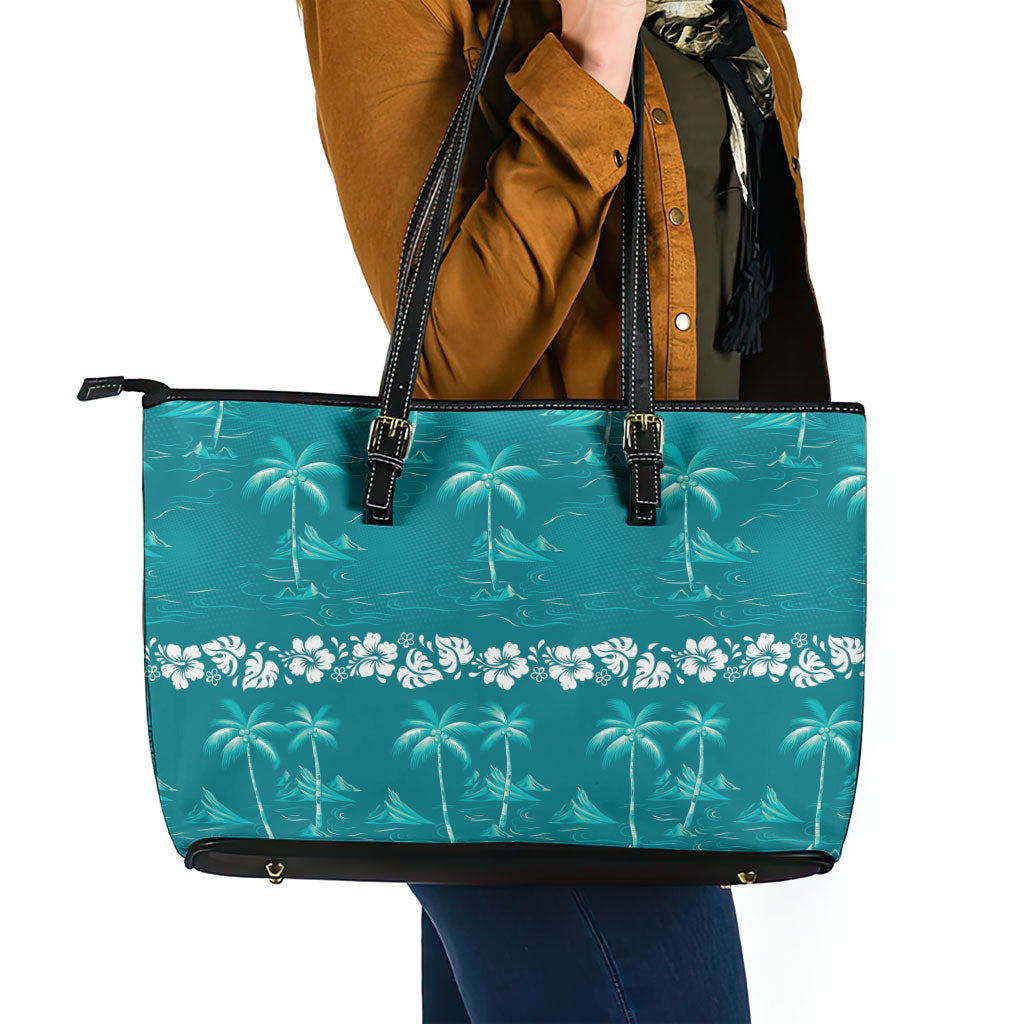 Cyan Hawaii Palm Tree Hibiscus Leather Tote Bag Fantasy Summer Vibe LT01 - Polynesian Pride