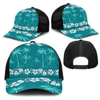 Cyan Hawaii Palm Tree Hibiscus Mesh Trucker Cap Fantasy Summer Vibe LT01 - Polynesian Pride