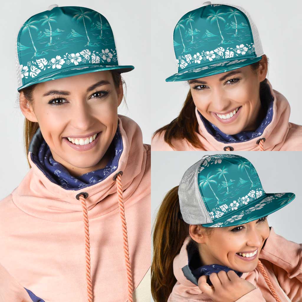 Cyan Hawaii Palm Tree Hibiscus Mesh Trucker Cap Fantasy Summer Vibe LT01 - Polynesian Pride