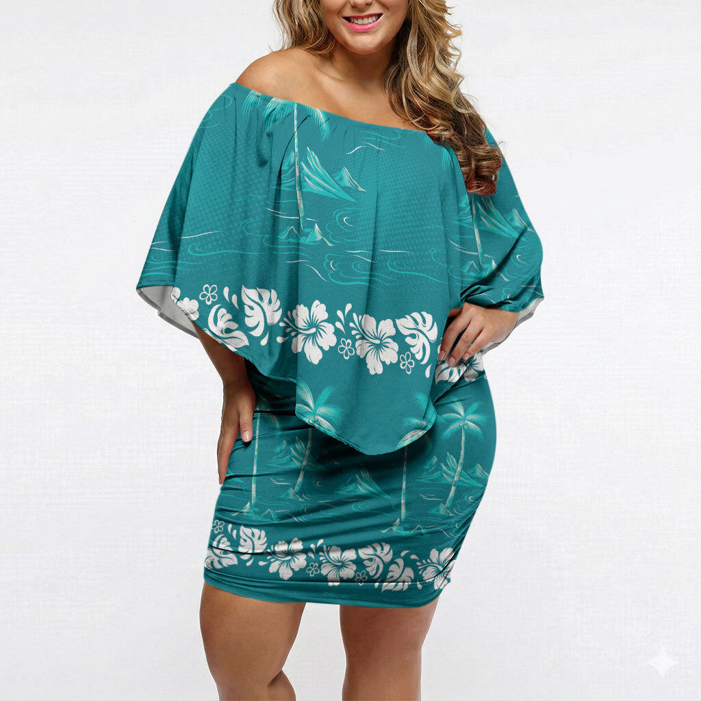 Cyan Hawaii Palm Tree Hibiscus Off Shoulder Short Dress Fantasy Summer Vibe LT01 Women Cyan - Polynesian Pride