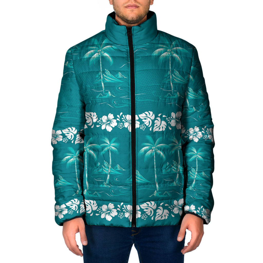 Cyan Hawaii Palm Tree Hibiscus Padded Jacket Fantasy Summer Vibe LT01 Men Cyan - Polynesian Pride