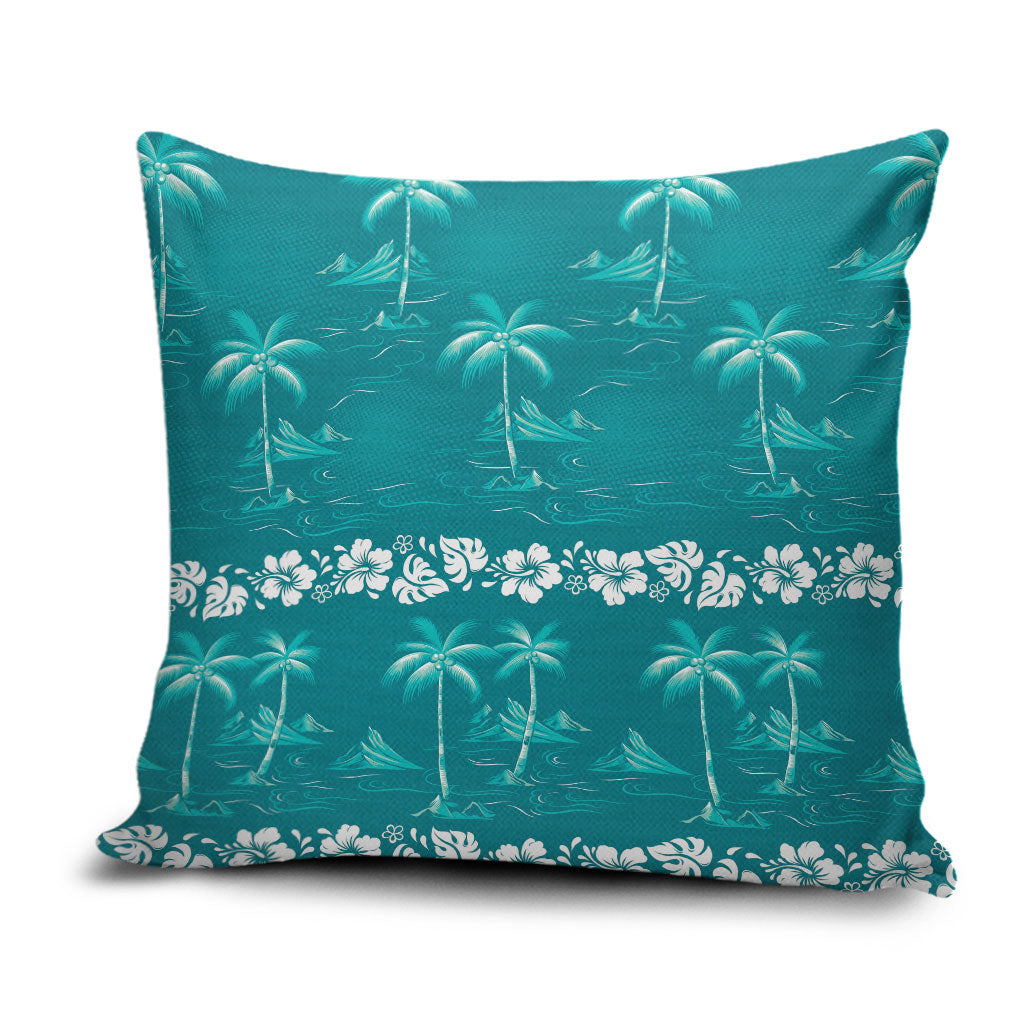 Cyan Hawaii Palm Tree Hibiscus Pillow Cover Fantasy Summer Vibe