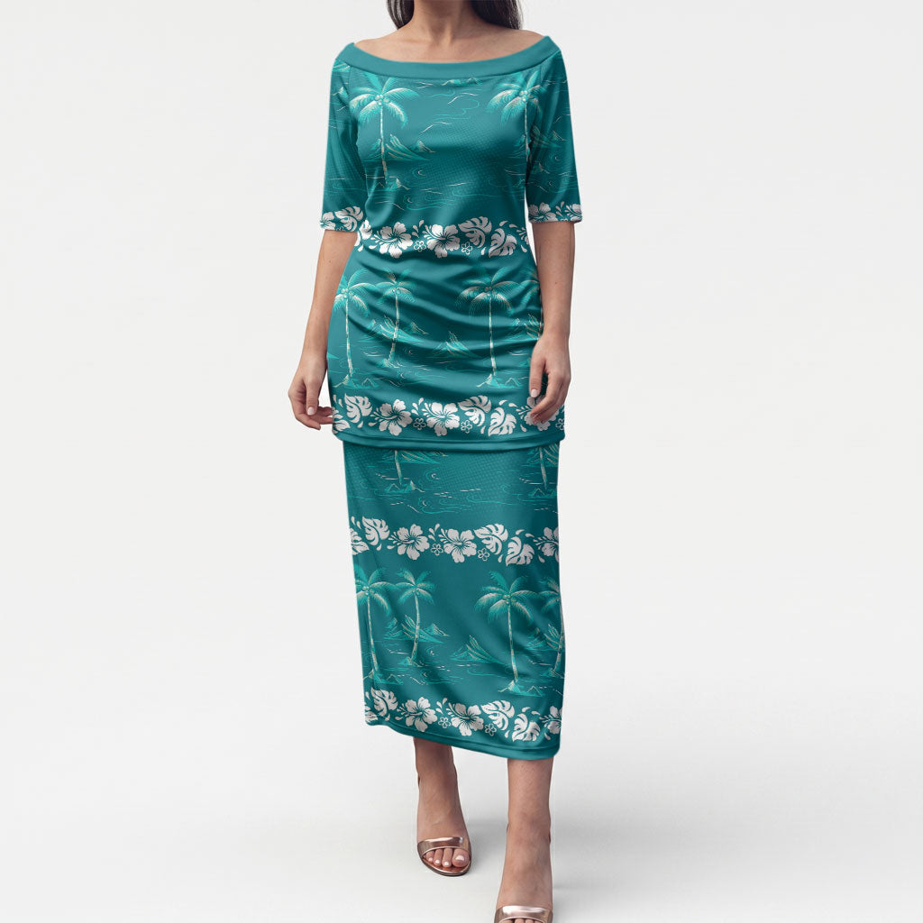 Cyan Hawaii Palm Tree Hibiscus Puletasi Fantasy Summer Vibe LT01 Long Dress Cyan - Polynesian Pride