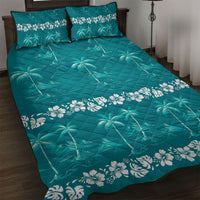 Cyan Hawaii Palm Tree Hibiscus Quilt Bed Set Fantasy Summer Vibe LT01 Cyan - Polynesian Pride