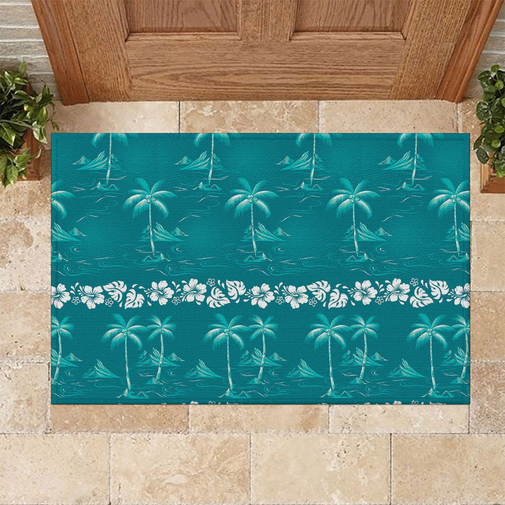 Cyan Hawaii Palm Tree Hibiscus Rubber Doormat Fantasy Summer Vibe LT01 Cyan - Polynesian Pride