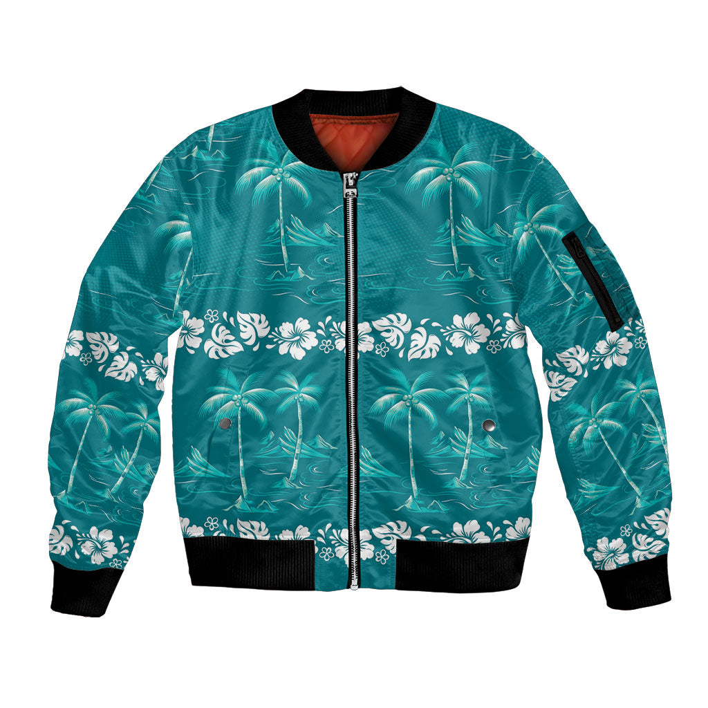 Cyan Hawaii Palm Tree Hibiscus Sleeve Zip Bomber Jacket Fantasy Summer Vibe LT01 Unisex Cyan - Polynesian Pride