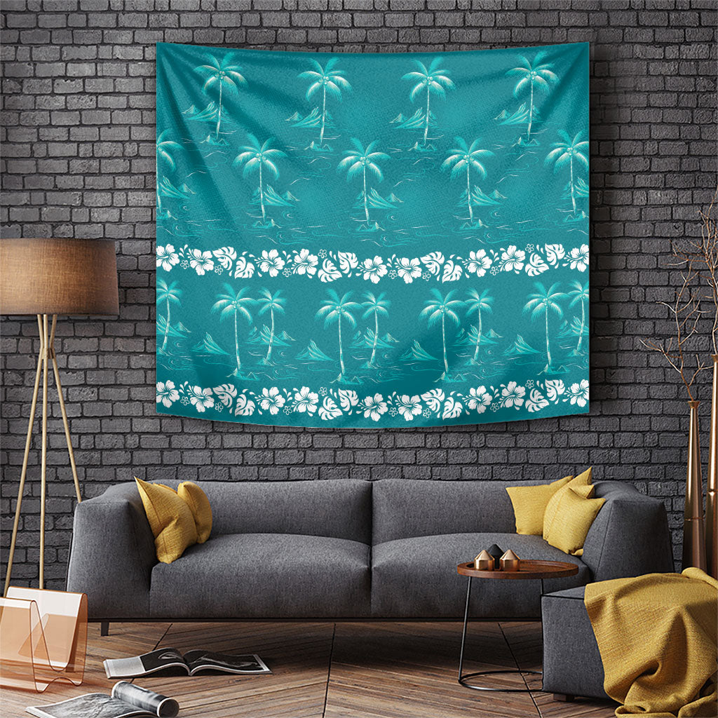 Cyan Hawaii Palm Tree Hibiscus Tapestry Fantasy Summer Vibe LT01 Cyan - Polynesian Pride