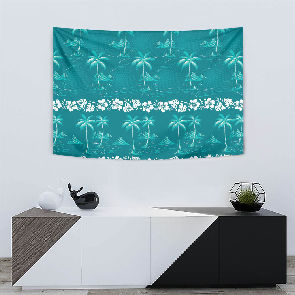 Cyan Hawaii Palm Tree Hibiscus Tapestry Fantasy Summer Vibe LT01 - Polynesian Pride