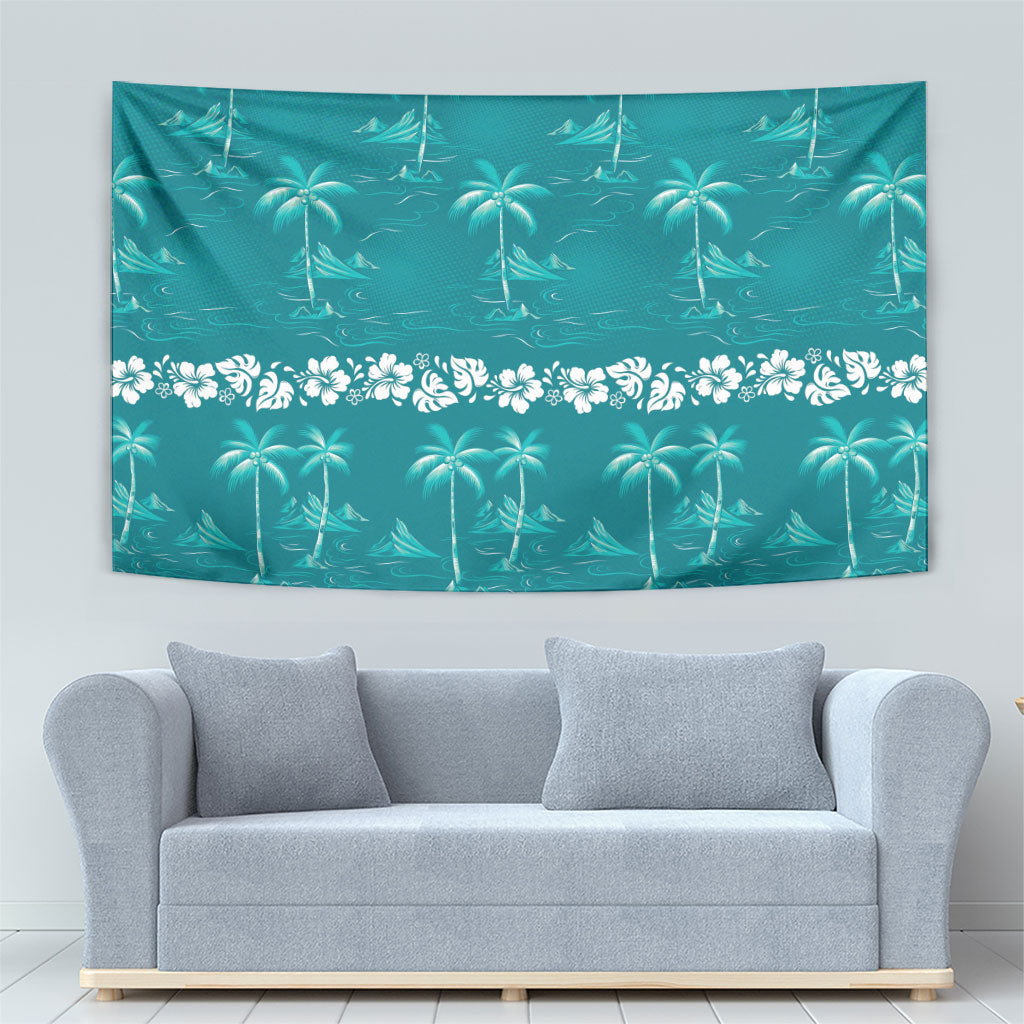 Cyan Hawaii Palm Tree Hibiscus Tapestry Fantasy Summer Vibe LT01 - Polynesian Pride