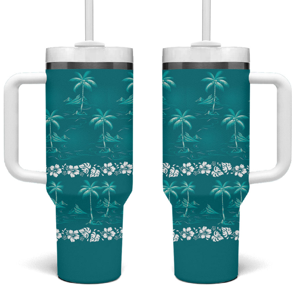 Cyan Hawaii Palm Tree Hibiscus Tumbler With Handle Fantasy Summer Vibe LT01 One Size: 40 oz Cyan - Polynesian Pride