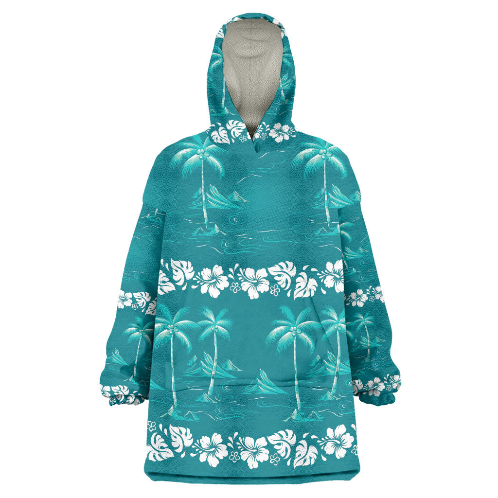 Cyan Hawaii Palm Tree Hibiscus Wearable Blanket Hoodie Fantasy Summer Vibe LT01 One Size Cyan - Polynesian Pride