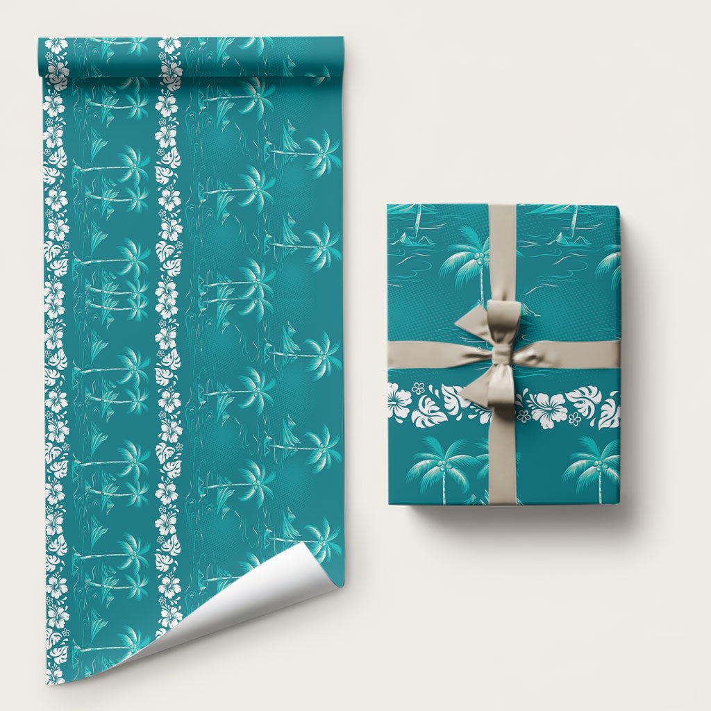 Cyan Hawaii Palm Tree Hibiscus Wrapping Paper Fantasy Summer Vibe LT01 58" × 23" Cyan - Polynesian Pride
