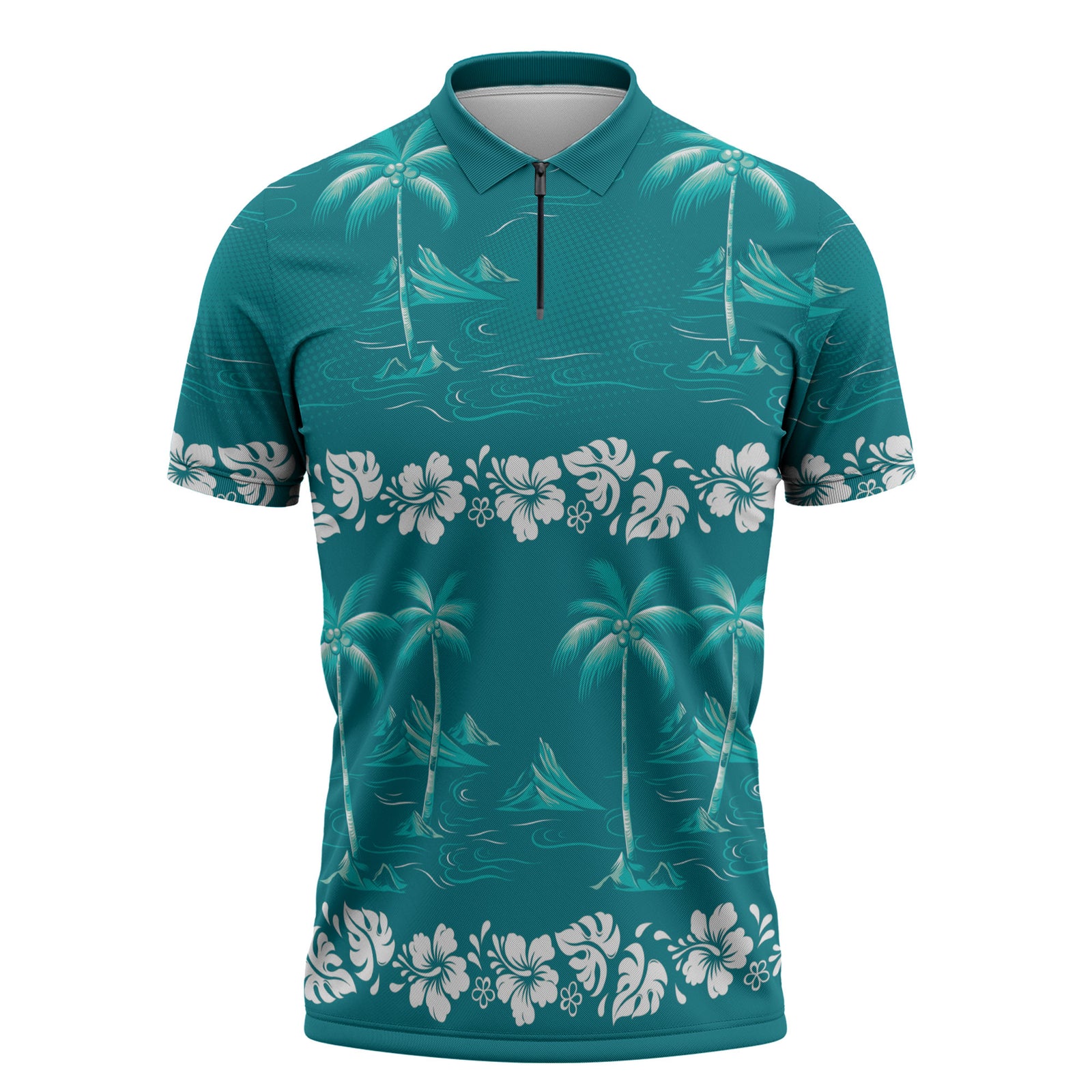 Cyan Hawaii Palm Tree Hibiscus Zipper Polo Shirt Fantasy Summer Vibe LT01 Cyan - Polynesian Pride