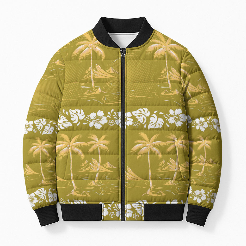 Yellow Hawaii Palm Tree Hibiscus Bomber Puffer Jacket Fantasy Summer Vibe LT01 Unisex Yellow - Polynesian Pride