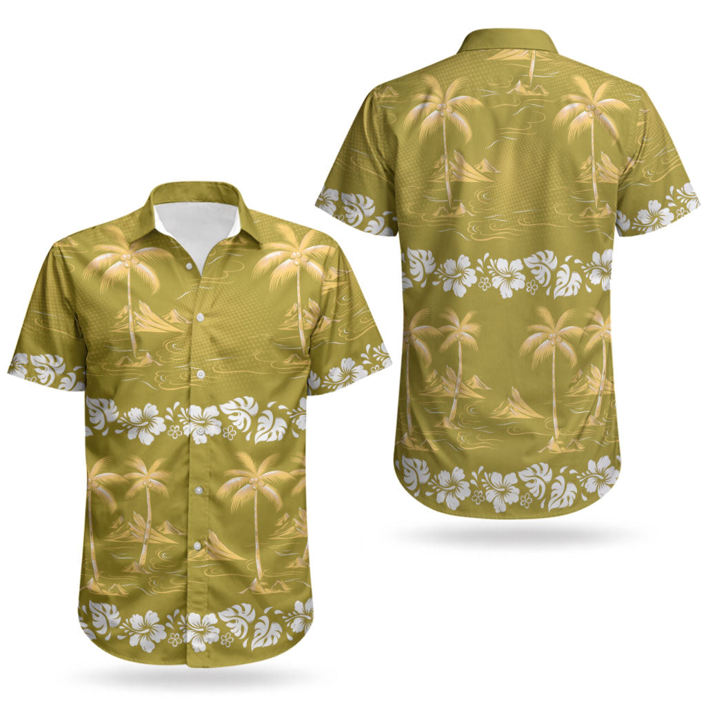 Yellow Hawaii Palm Tree Hibiscus Couples Matching Off Shoulder Short Dress and Hawaiian Shirt Fantasy Summer Vibe LT01 - Polynesian Pride