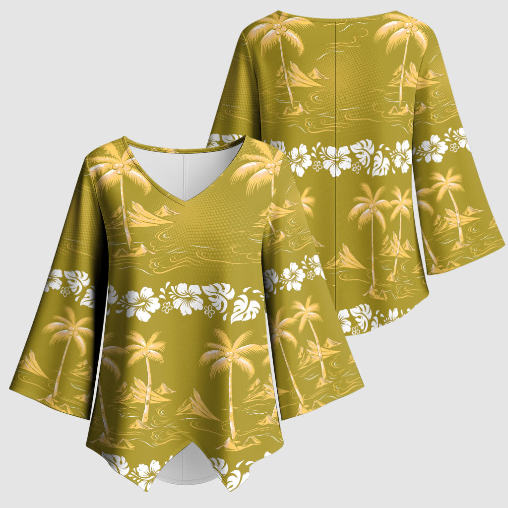 Yellow Hawaii Palm Tree Hibiscus Kimono Sleeve Blouse Fantasy Summer Vibe LT01 - Polynesian Pride