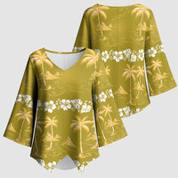 Yellow Hawaii Palm Tree Hibiscus Kimono Sleeve Blouse Fantasy Summer Vibe LT01 - Polynesian Pride