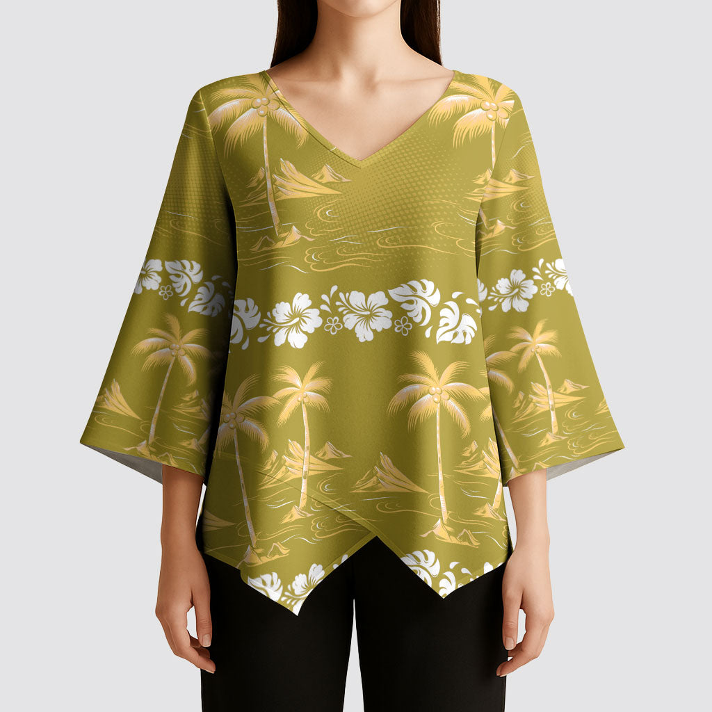 Yellow Hawaii Palm Tree Hibiscus Kimono Sleeve Blouse Fantasy Summer Vibe LT01 - Polynesian Pride