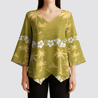 Yellow Hawaii Palm Tree Hibiscus Kimono Sleeve Blouse Fantasy Summer Vibe LT01 - Polynesian Pride