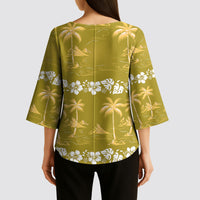 Yellow Hawaii Palm Tree Hibiscus Kimono Sleeve Blouse Fantasy Summer Vibe LT01 - Polynesian Pride