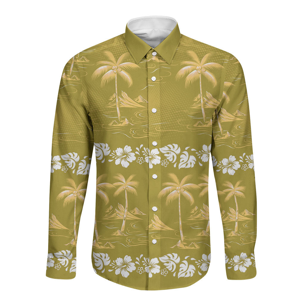 Yellow Hawaii Palm Tree Hibiscus Long Sleeve Button Shirt Fantasy Summer Vibe LT01 Unisex Yellow - Polynesian Pride