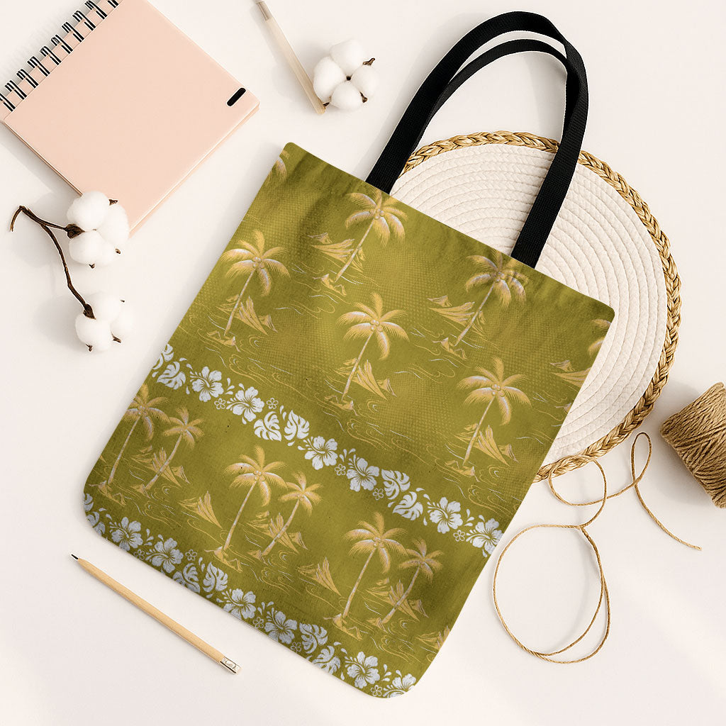 Yellow Hawaii Palm Tree Hibiscus Tote Bag Fantasy Summer Vibe