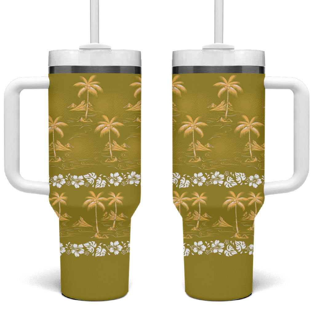 Yellow Hawaii Palm Tree Hibiscus Tumbler With Handle Fantasy Summer Vibe LT01 One Size: 40 oz Yellow - Polynesian Pride