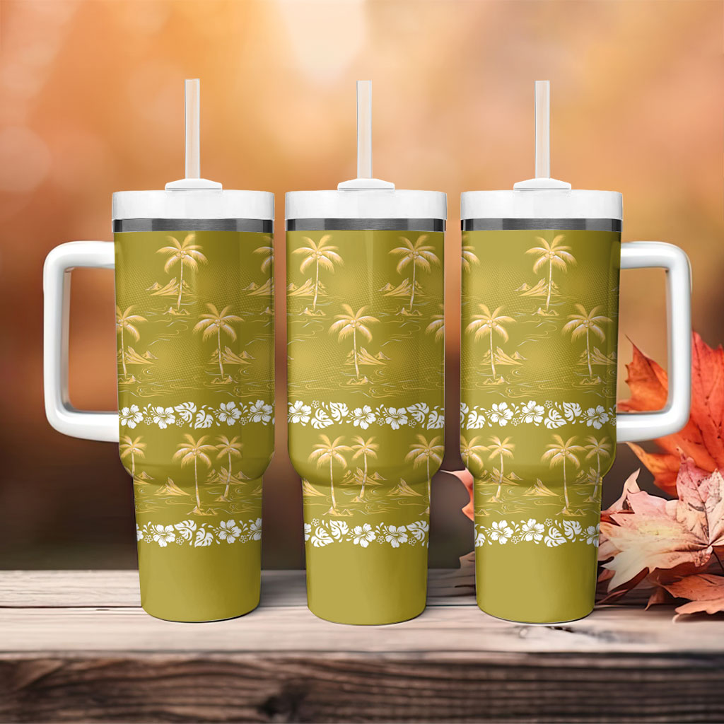Yellow Hawaii Palm Tree Hibiscus Tumbler With Handle Fantasy Summer Vibe