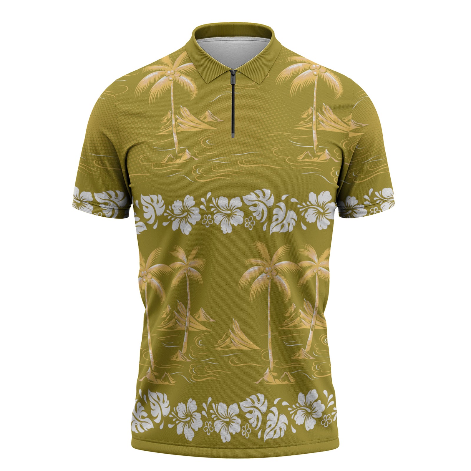 Yellow Hawaii Palm Tree Hibiscus Zipper Polo Shirt Fantasy Summer Vibe LT01 Yellow - Polynesian Pride