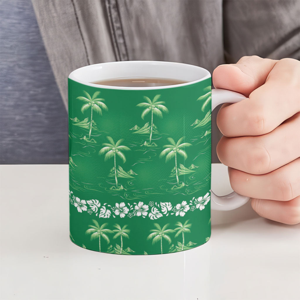 Green Hawaii Palm Tree Hibiscus Ceramic Mug Fantasy Summer Vibe LT01 - Polynesian Pride